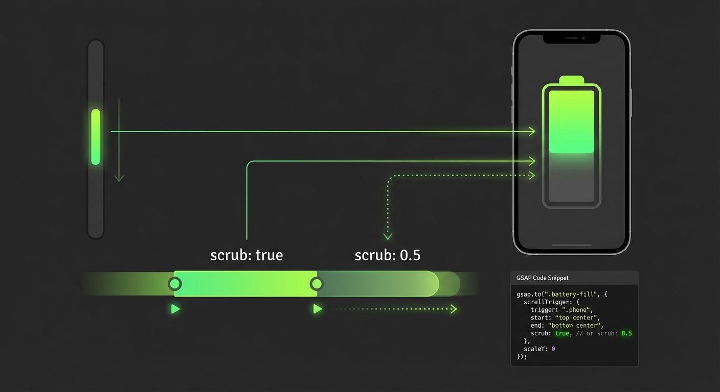 Code snippet showing GSAP ScrollTrigger scrub configuration for smooth scrolling animations